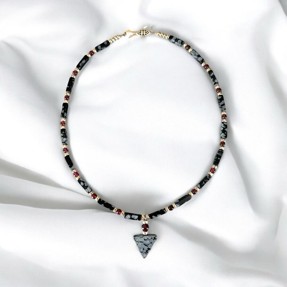 Vintage 80s obsidian beaded necklace geometric gold tone beads